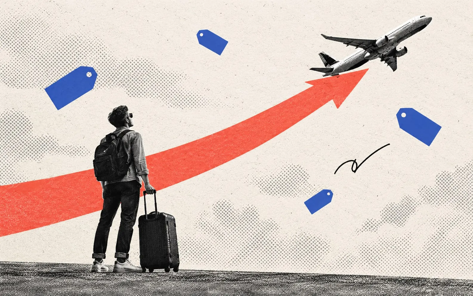 Collage illustration of a traveler with a suitcase watching a plane climb along a rising red arrow among blue price tags.