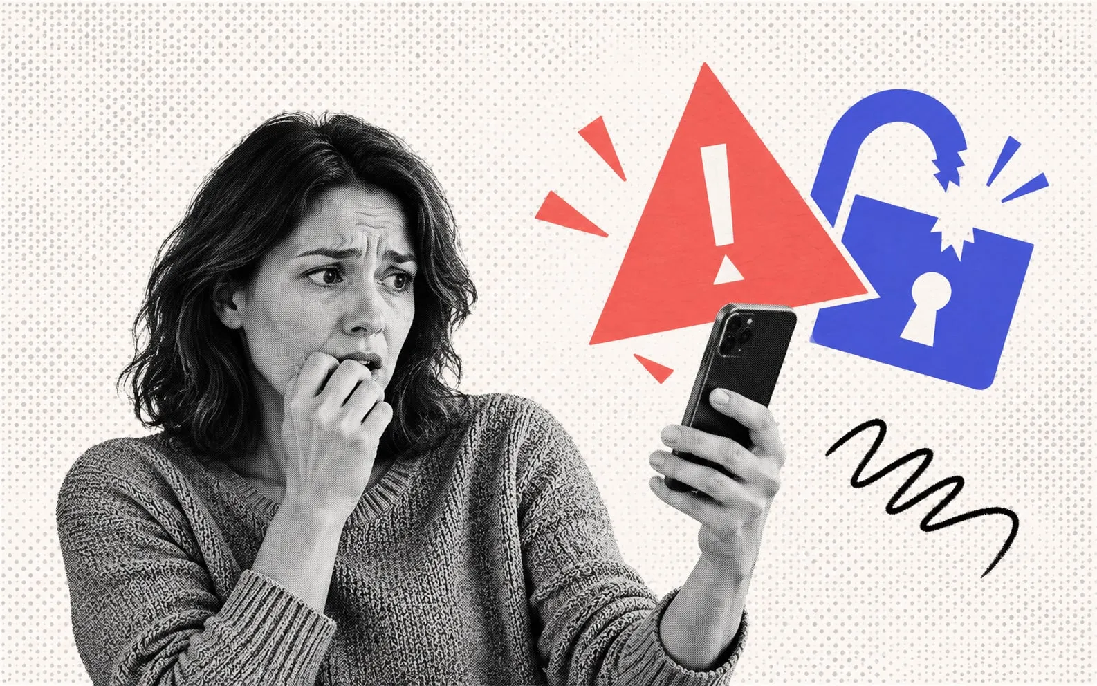 Collage illustration of a worried woman looking at her phone beneath a red warning triangle and a broken padlock.