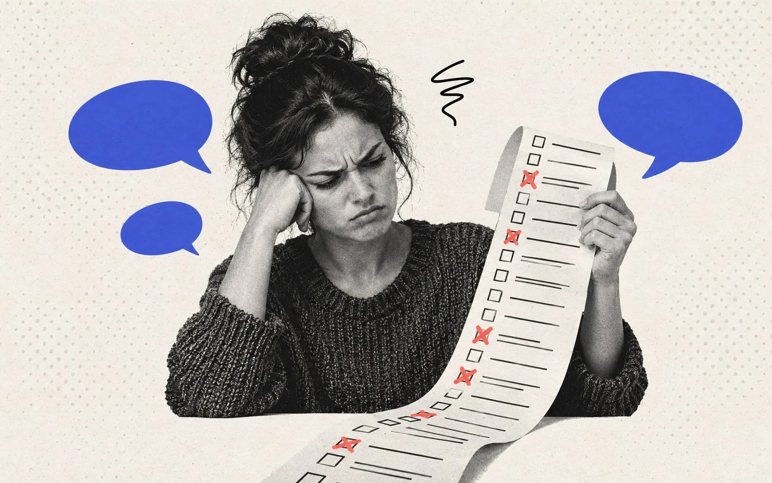 Collage illustration of a frustrated woman holding a long survey form marked with red crosses.