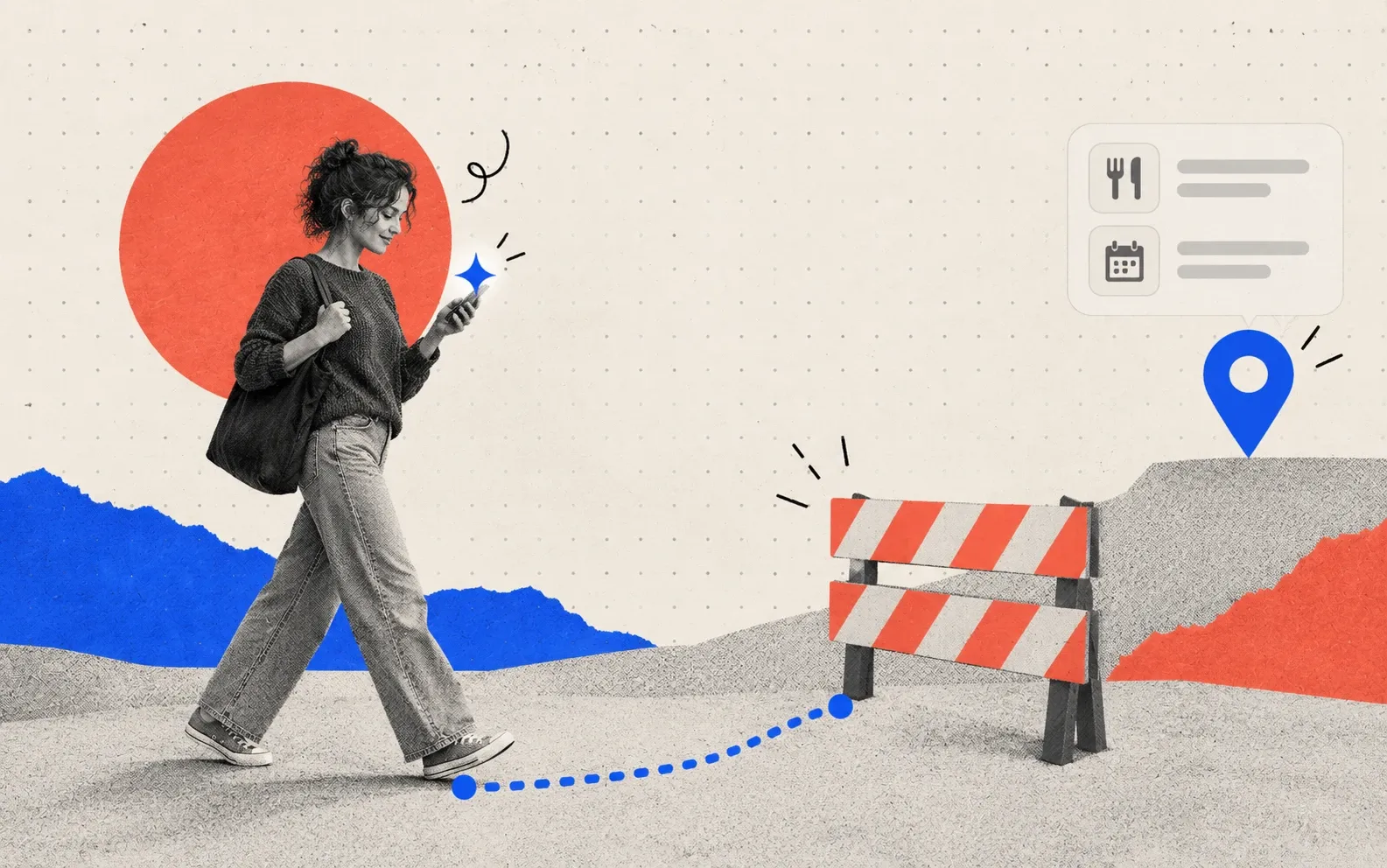 Collage illustration of a woman following a dotted route on her phone, stopped short of a map pin by a red and white road barrier.