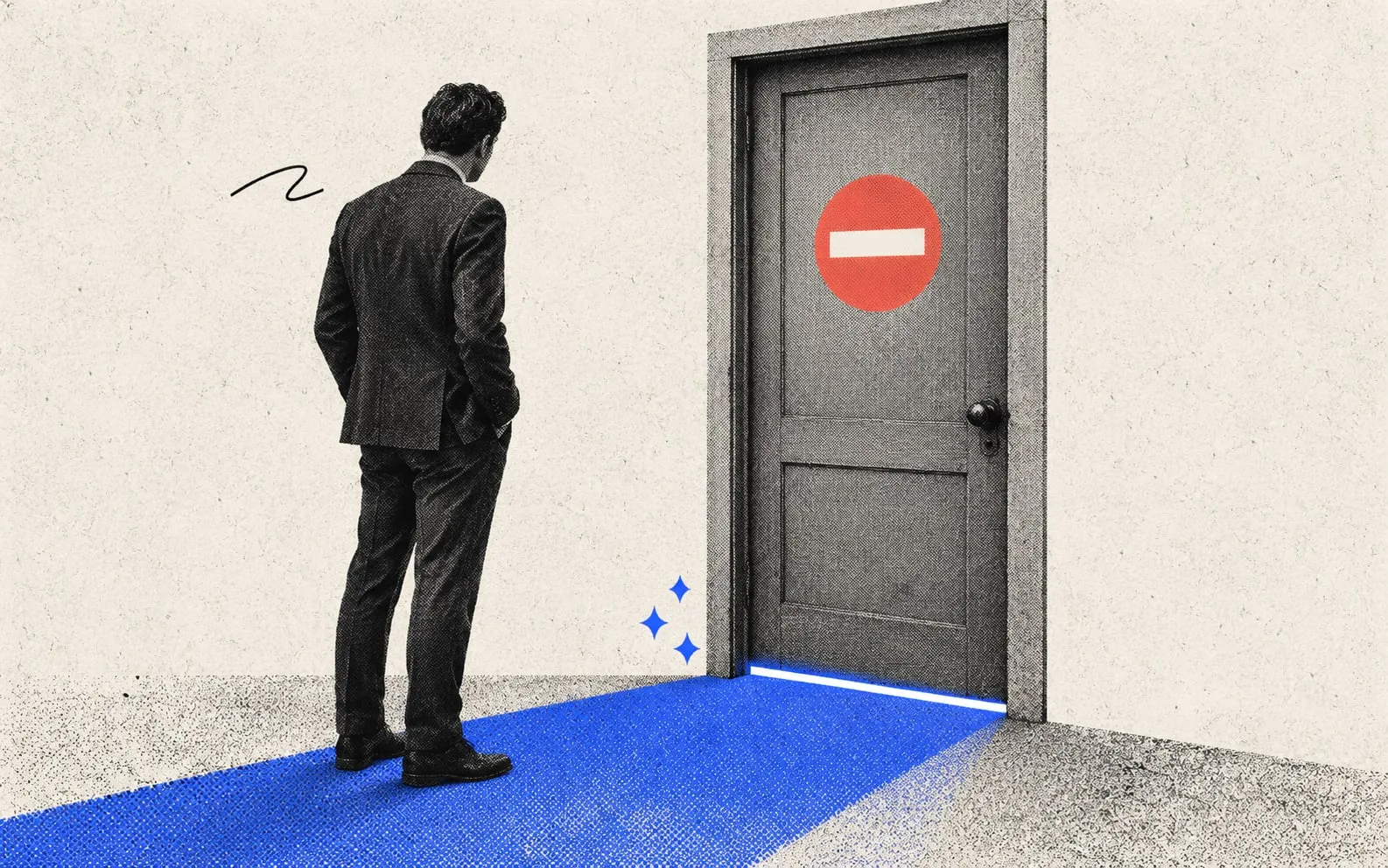 Collage illustration of a man in a suit waiting outside a closed no-entry door, with blue light spilling from beneath it.