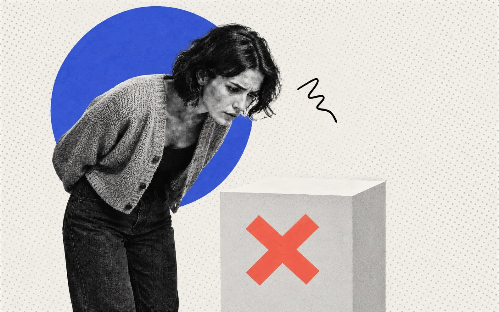Collage illustration of a woman peering at an empty display plinth marked with a red X.