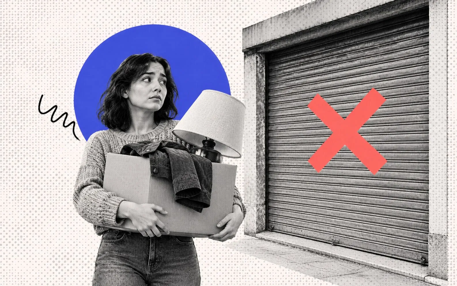 Collage illustration of a woman carrying a box of secondhand items beside a closed shop shutter marked with a red X.