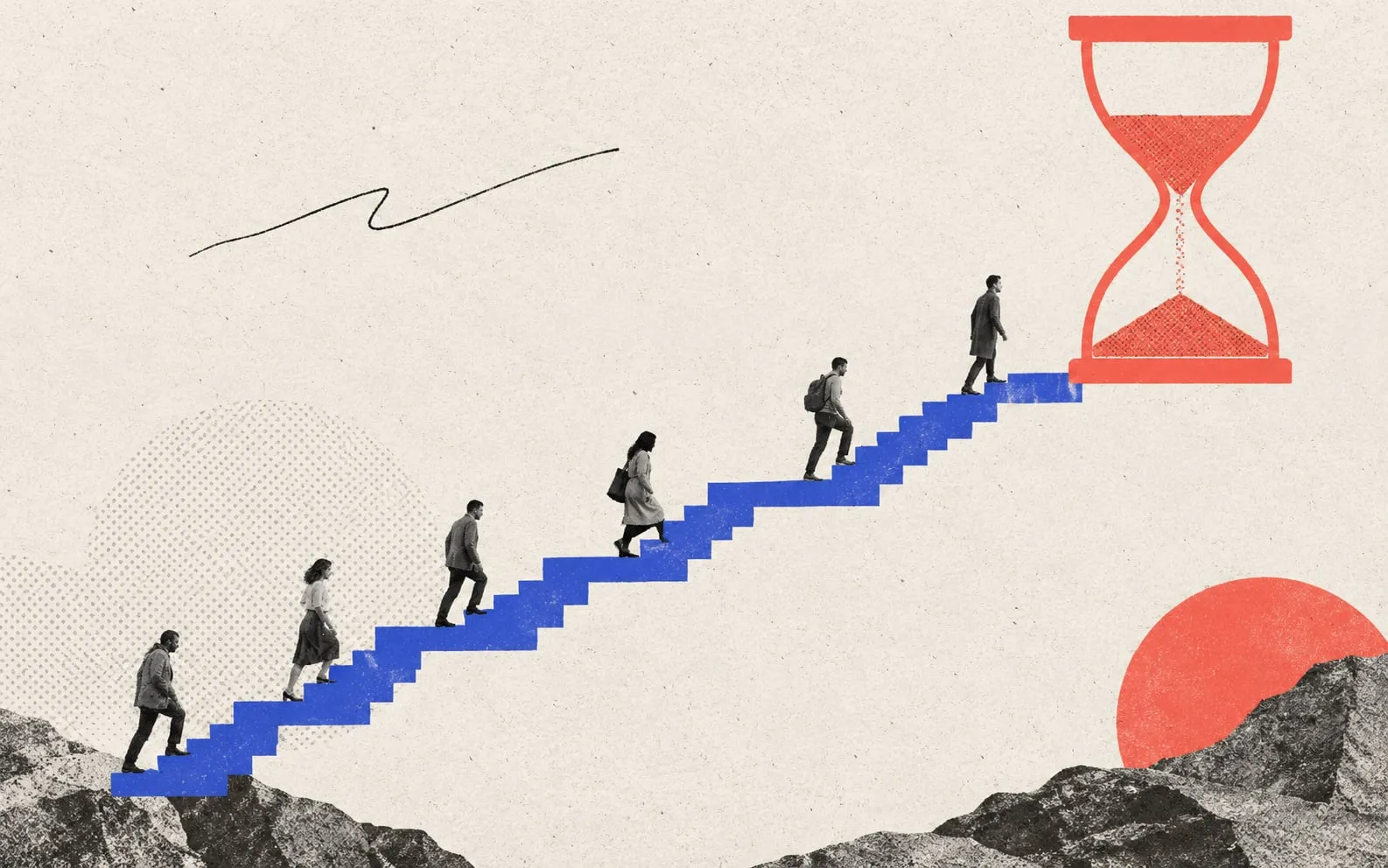 Collage illustration of small figures climbing a long blue staircase toward a red hourglass.