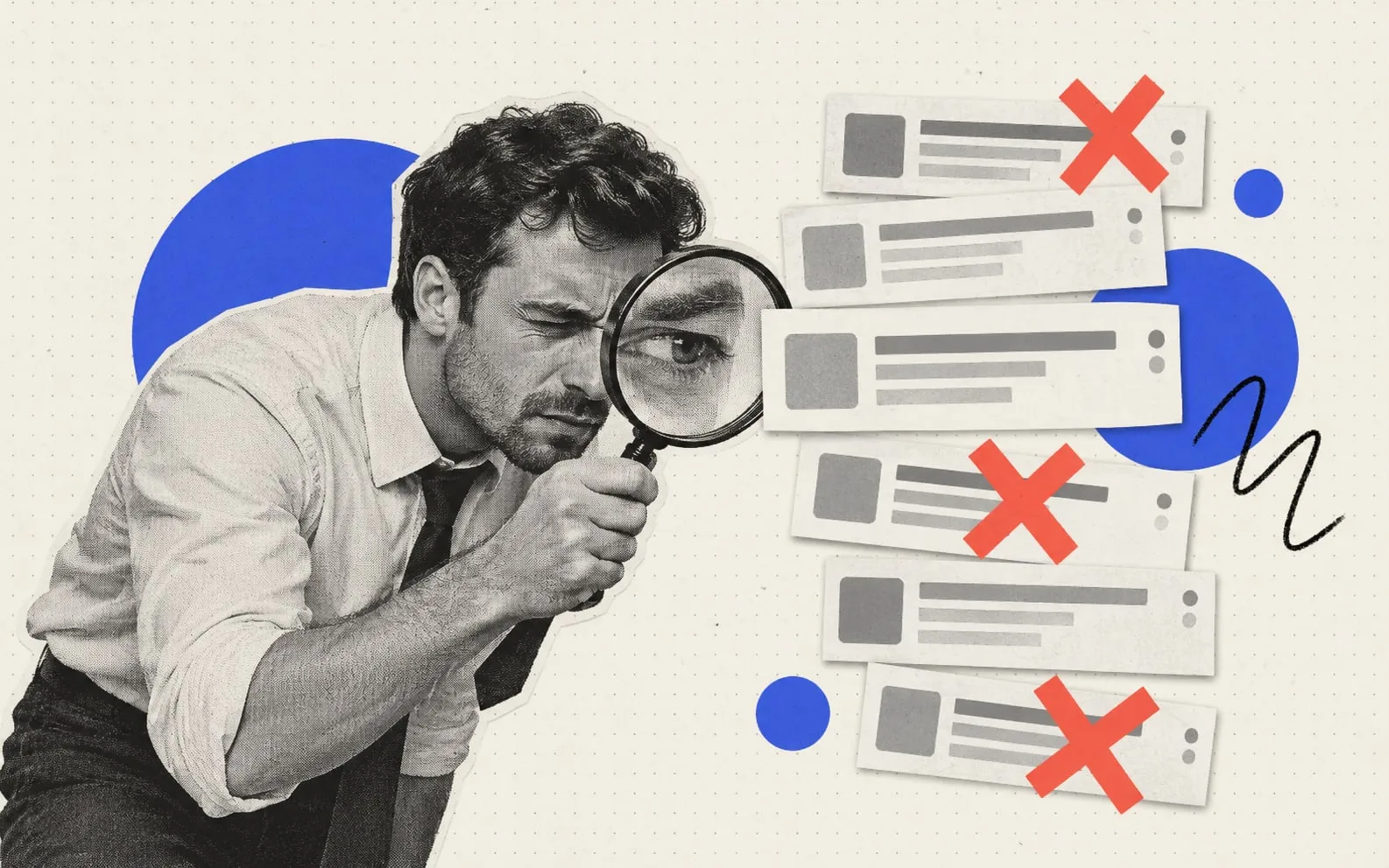 Collage illustration of a man inspecting search result cards through a magnifying glass, several crossed out in red.