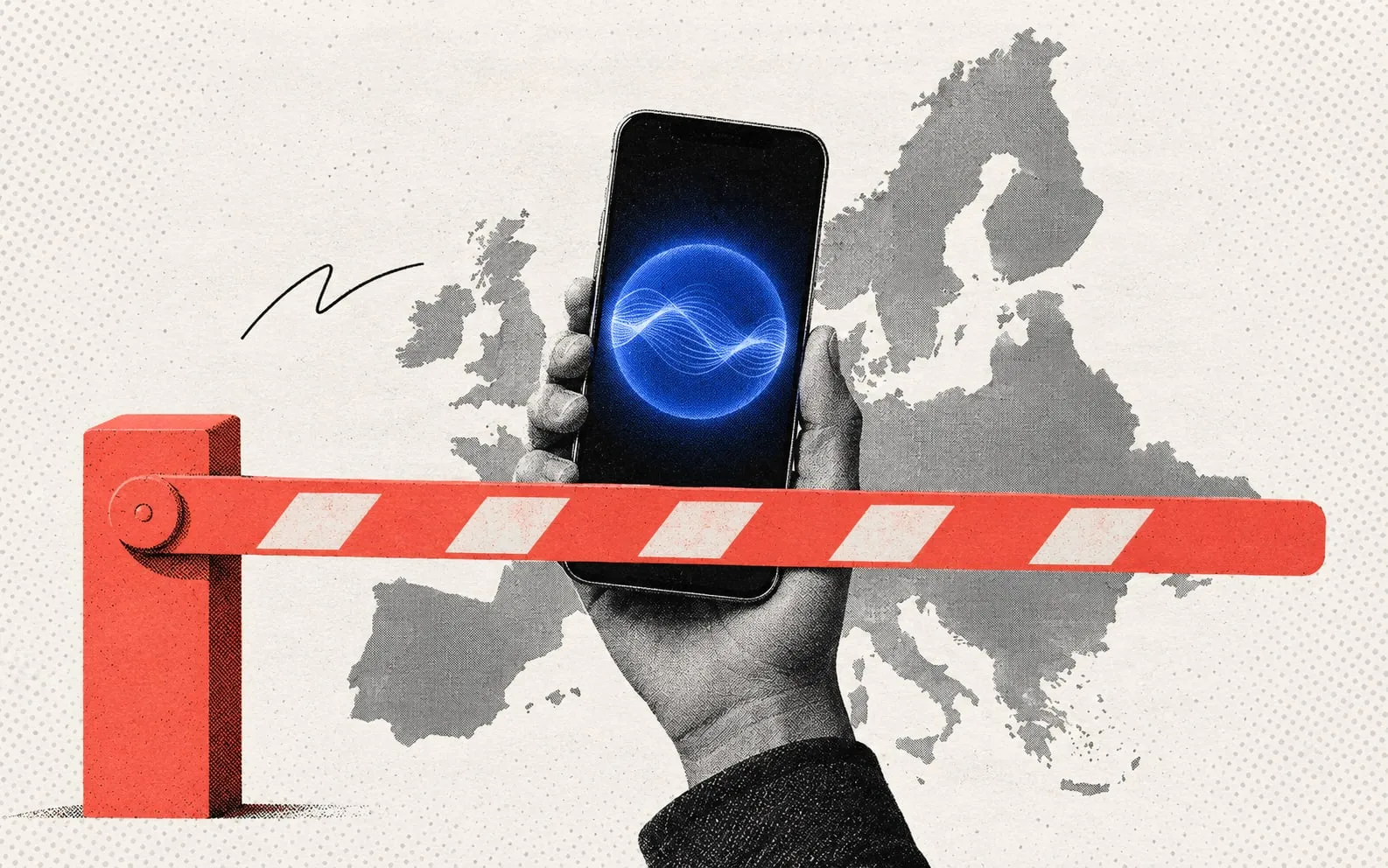 Collage illustration of a hand holding a phone with a glowing voice assistant behind a red barrier, over a map of Europe.